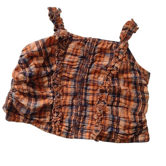 Anthropologie Verb Ruffled Plaid Top 2X Orange Navy Smocked Cotton Blouse - Picture 2 of 12